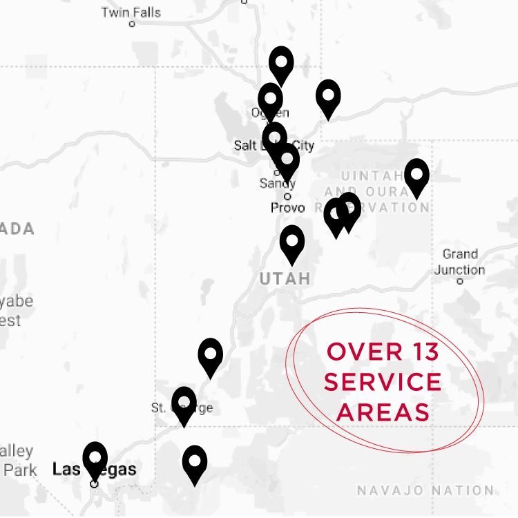MAP Map of 9 locations and 13 service areas
